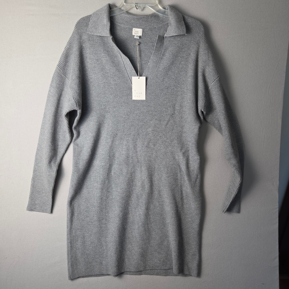 A New Day Womens Gray Ribbed Knit Collared V-Neck Long Sleeve Sweater Dress M